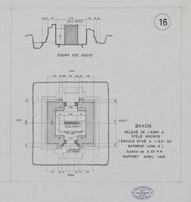 Bakong - 1e enc., E du bât. long NE, édicule à stêle (Coupe, Plan).