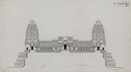 Angkor Vat - 1e enc., partie O: face E et coupe SN sur les cours (Coupe, Élévation).