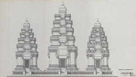 Phnom Krom - tours sanctuaires: face E restituée et ombrée (Élévation).