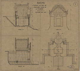 Bakong - 1e enc., pyramide, face N, N de l'escalier N, pavillon d'entrée (Coupe, Élévation, Plan).
