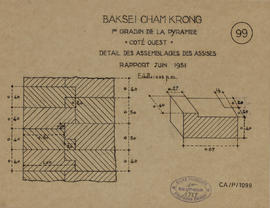 Baksei Chamkrong - pyramide, 1e gradin, coté O: assemblage des assises (Axonométrie Plan).